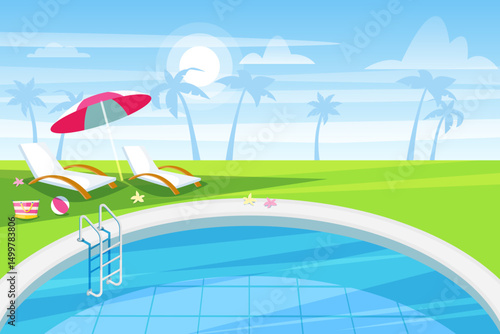 Summer background with beach club, pool resort landscape, umbrella and chaise lounges. Vector illustration