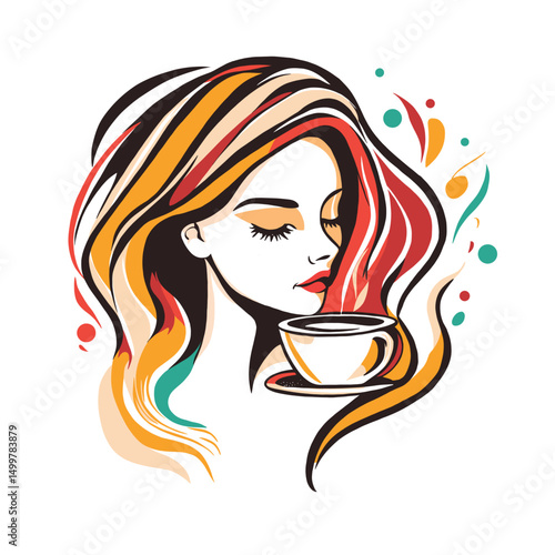 with long hair holding a coffee cup. This design features bright colors and a clean white background, perfect for lifestyle and coffee-related project