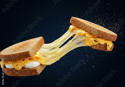 A visually striking shot of a grilled cheese sandwich with a dramatic cheese pull effect.