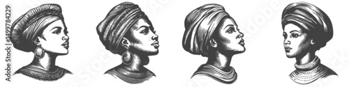 Detailed Illustrations of Diverse Female Profiles in Traditional Headwear