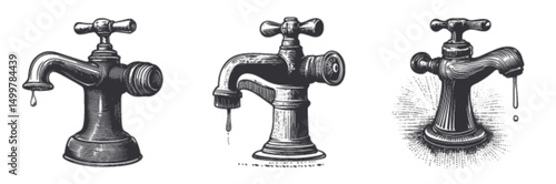 Vintage Engraving of Water Taps in Black and White Style