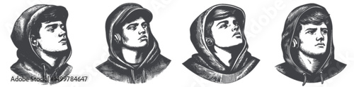 Detailed Portraits of a Young Man in Hoodie Engraving Style