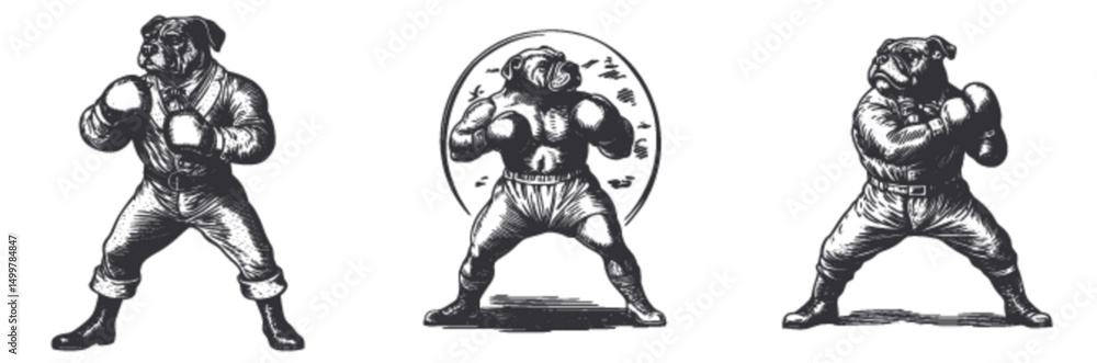 Fototapeta premium Vintage Boxer Dogs Engraved Illustration in Classic Woodcut Style