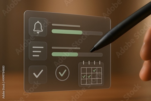 Digital Task Management: A hand interacts with a transparent digital interface, showcasing a user-friendly task management system with progress bars, checkboxes, calendar, and notification bell.