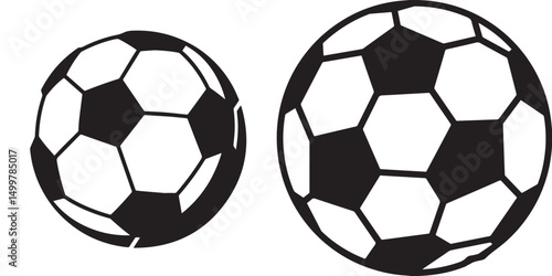 Two soccer balls vector  with classic black and white paneling are shown against a white background. The ball on the right is larger than the one on the left.