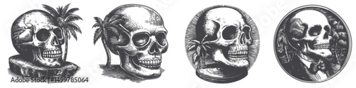 Detailed Vintage Skull Engravings with Tropical Elements and Style