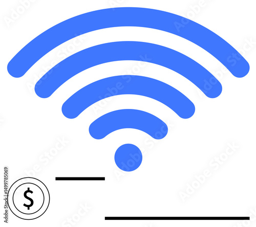 Blue wireless signal and dollar symbol connect ideas of internet access, cost, subscriptions, and digital services. Ideal for technology, economy, subscriptions, mobile apps, e-commerce networks