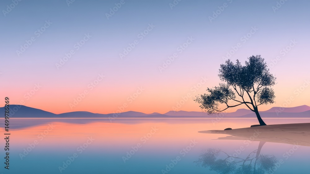 Fototapeta premium Serene Sunset Landscape - Tranquil scene of a lone tree on a calm lake at sunset, mountains in the background. Peaceful and serene