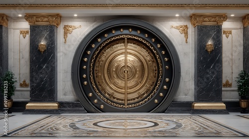Imposing circular vault door in a grand hall with marble pillars and ornate gold detailing artwork