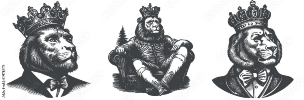 Fototapeta premium Regal Lion Illustrations in Vintage Engraving and Woodcut Style