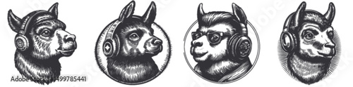 Detailed Vector Engravings of Llamas with Headphones in Multiple Styles