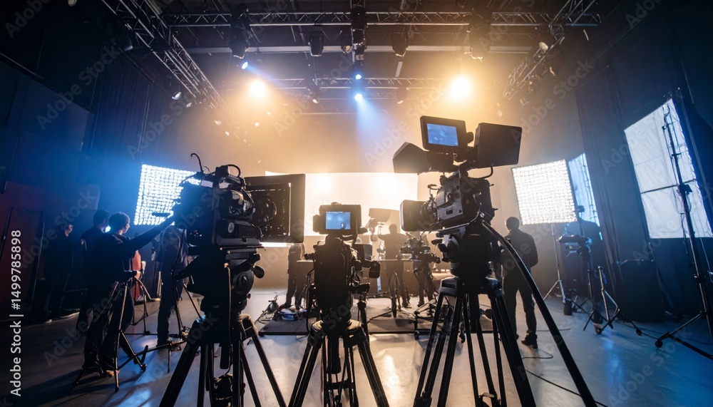 Fototapeta premium Silhouettes of People Working on Movie Set with Big Lights and Camera Gear