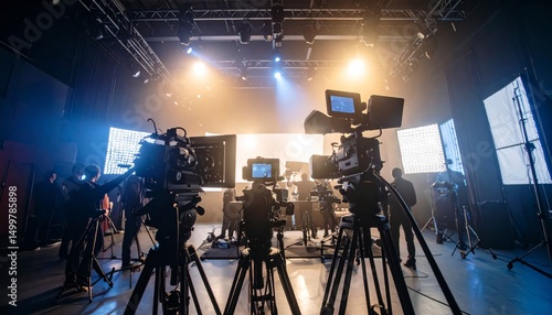Silhouettes of People Working on Movie Set with Big Lights and Camera Gear