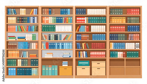 Three full, light-brown wooden bookcases, each densely packed with diversely colored books and some storage boxes at the bottom