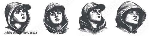 Detailed Vector Illustrations of Young Men in Hooded Sweatshirts