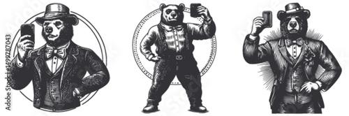 Detailed Engraving of Bears in Formal Attire Taking Selfies