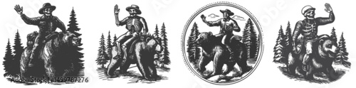 Vintage Engraving Style Woodcuts of Men Riding Bears in Forest