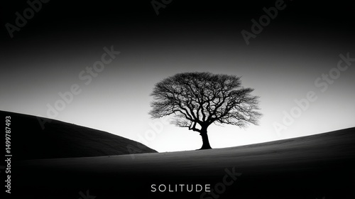 Solitary Tree on a Hill - A single tree stands alone on a gently sloping hill, symbolizing peace, isolation, resilience, contemplation, and nature's enduring spirit. Black and white