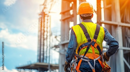 Construction Worker Overseeing Building Site with Safety Gear