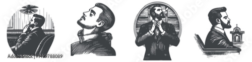 Vintage Engraving of Thoughtful Men in Various Pensive Stances