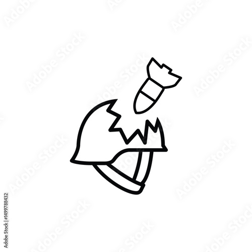 Line art icon depicting a broken military helmet struck by a bomb symbolizing war's destructive nature.