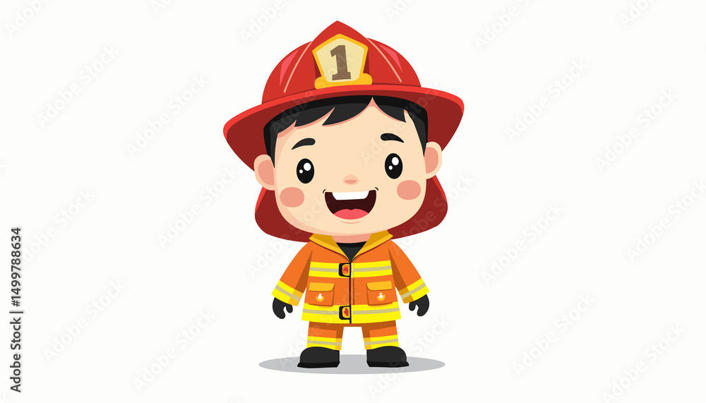 Fun cartoon boy in firefighter costume with a wide smile and helmet Fun cartoon boy in firefighter costume with a wide smile and helmet