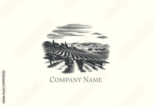 vintage hand drawn engraved  landscape of vineyards logo design 
