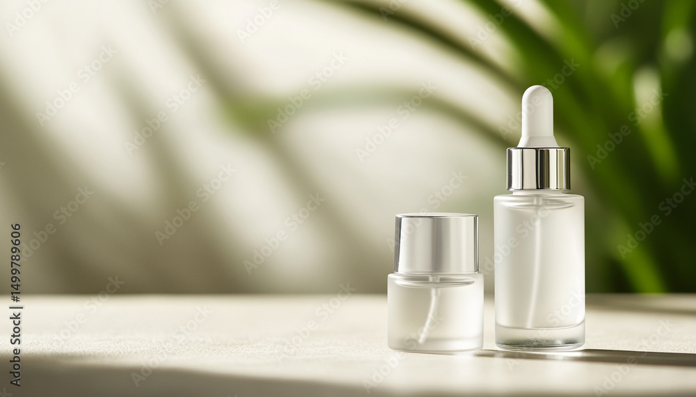 Elegant skincare bottles on a soft surface with natural light and greenery in the background. Elegant skincare bottles on a soft surface with natural light and greenery in the background.