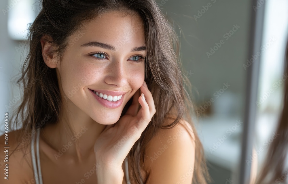 Fototapeta premium A woman smiling at herself in the mirror, showing off her beautiful teeth and glowing skin