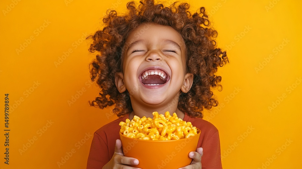 custom made wallpaper toronto digitalSmiling child is holding a bowl full of macaroni and cheese against an orange background!