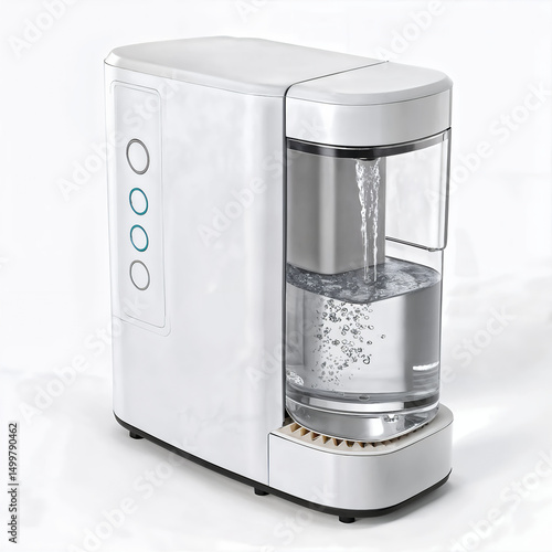 Modern water purifier with transparent reservoir and white body isolated on white background