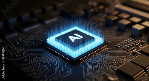 Close-Up of AI Processor Chip on Computer Motherboard with LED Lights