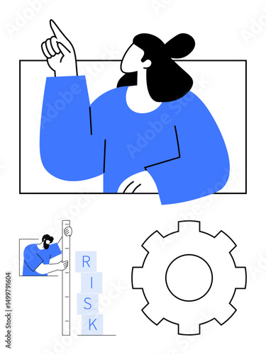 Woman pointing upward, man analyzing risk blocks, and gear icon highlighting innovation, problem-solving, decision-making, strategic planning, risk management, teamwork, and simple landing page