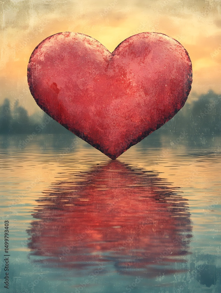 Fototapeta premium A large, textured red heart floats serenely above calm water, reflecting its image, set against a hazy sunset landscape