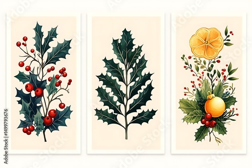 Botanical christmas trio holly berries citrus ornament