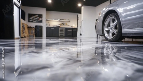 Modern garage with metallic epoxy floor