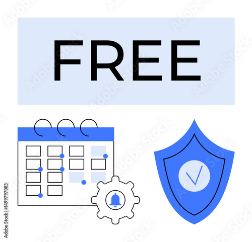 Free text with a calendar marked by events, a gear icon with an alert, and a secure shield with a check mark. Ideal for scheduling, reminders, security, planning, organization, task management