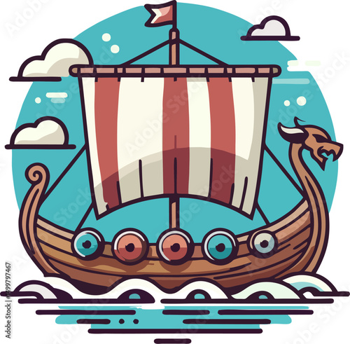 Colorful Flat Vector Illustration of Viking Longship with Dragon Head and Round Shields at Sea