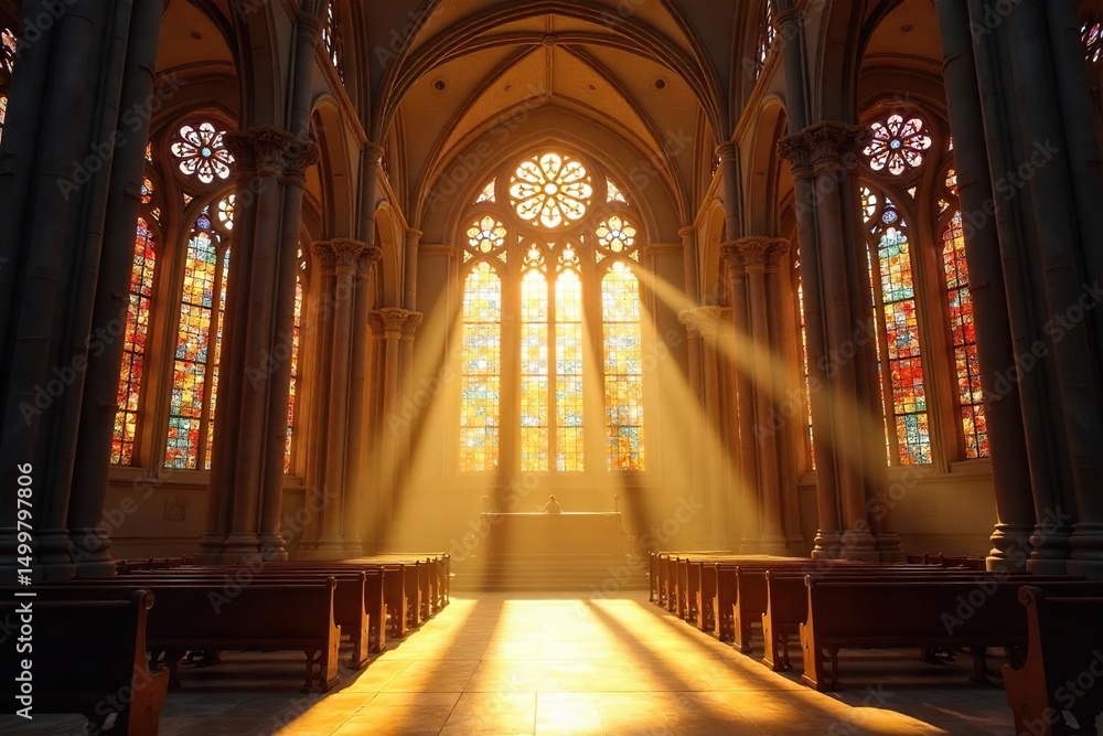 Fototapeta premium Golden sunlight streams through stained-glass windows, illuminating a majestic cathedral interior, signifying divine grace and spiritual purity , christ, sanctuary, belief