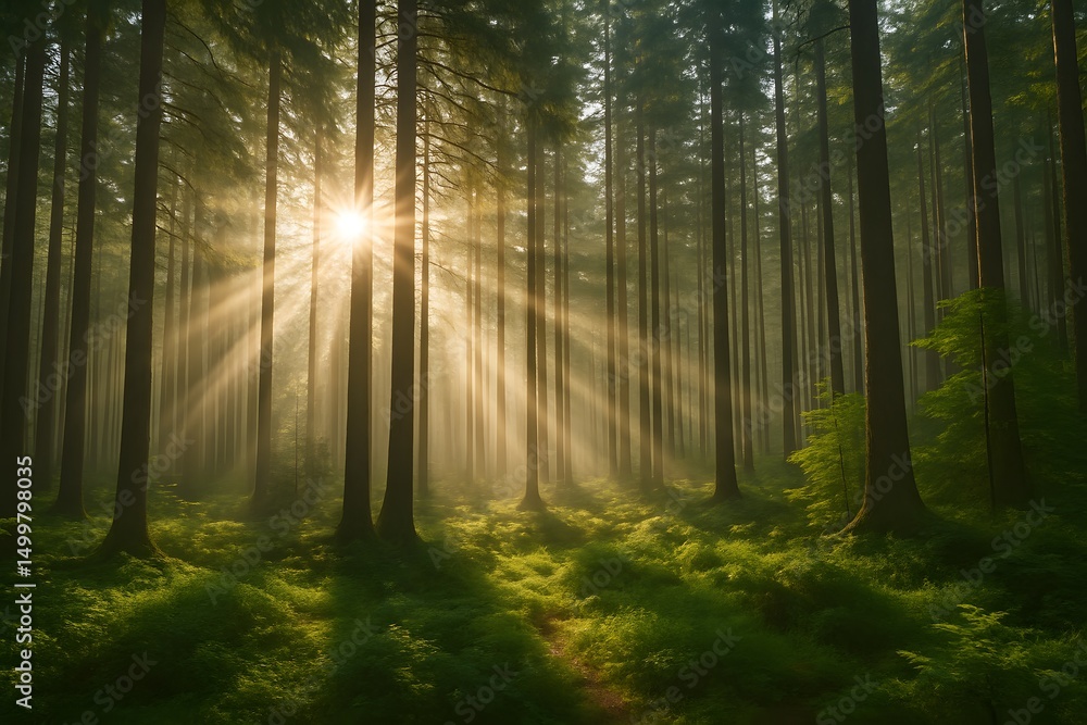 Fototapeta premium Sunbeams Streaming Through Serene Forest Panorama at Sunrise