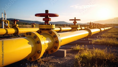 Yellow large gas pipe with red valve. Stock photo on the topic of gas sanctions