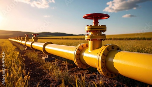 Yellow large gas pipe with red valve. Stock photo on the topic of gas sanctions