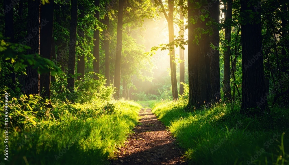 Obraz premium Serene Sunlit Path Through Lush Green Forest Tranquil Nature Scene