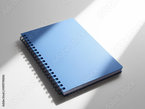 Blank blue spiral notebook mockup on white background.