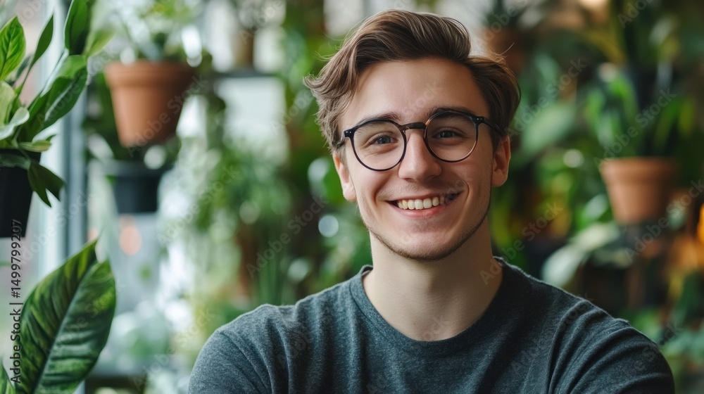 Portrait of a Happy Young Man in a Greenhouse Portrait of a Happy Young Man in a Greenhouse