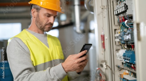 A male engineer in a safety vest and helmet uses a smartphone while inspecting an industrial electrical control panel.


