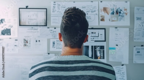 Man reviewing project ideas on a wall brainstorming session.