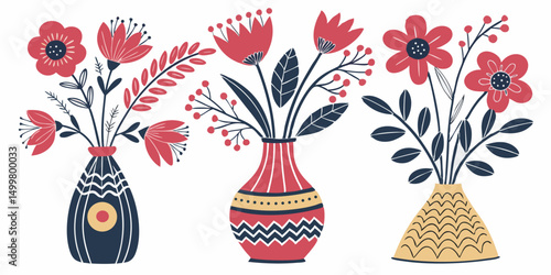 Collection of three decorative vases with red flowers and leaves on white