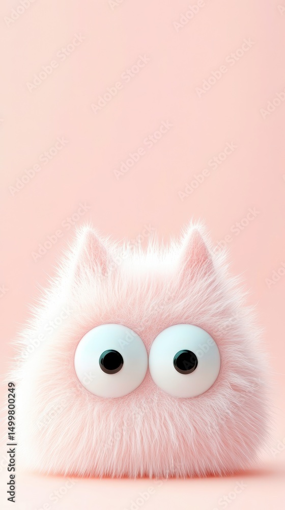 Cute fluffy creature with big eyes against a soft pink background that evokes joy Cute fluffy creature with big eyes against a soft pink background that evokes joy