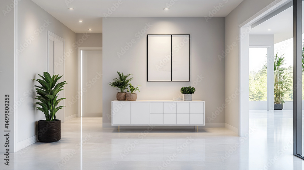 Fototapeta premium Modern interior design featuring a bright hallway with elegant decor and greenery.